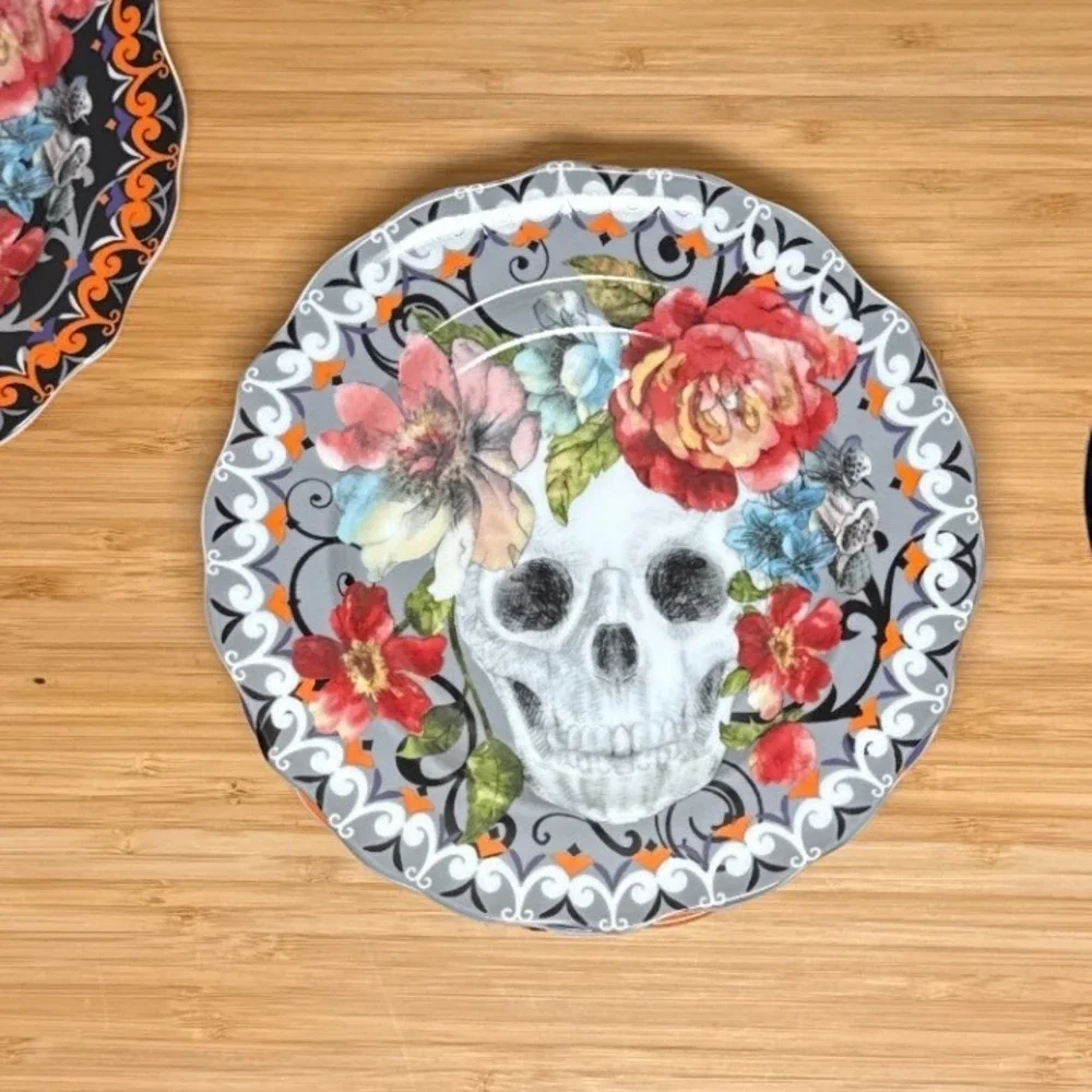 222 Fifth Marbella Skull Plates Set of 4 Multicolor Floral Halloween Gothic